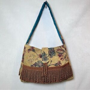 Handmade Tapestry Floral Fringe Shoulder Bag Purse Western Boho Turquoise Lining